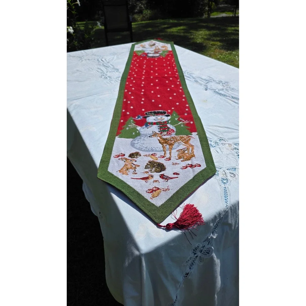 Christmas Table Runner Snowman Holiday Embroidered‎ Tassel Woodland Creatures